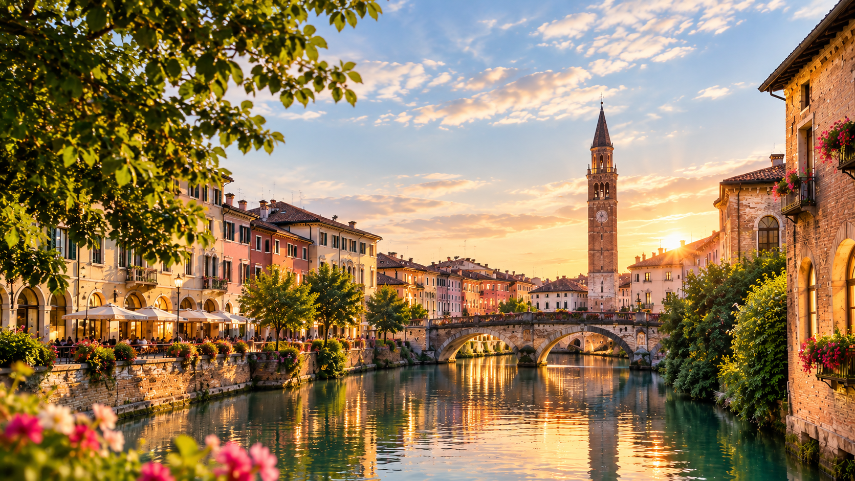 Canal de Treviso ao pôr do sol, com o campanário e mesas de café à beira da água